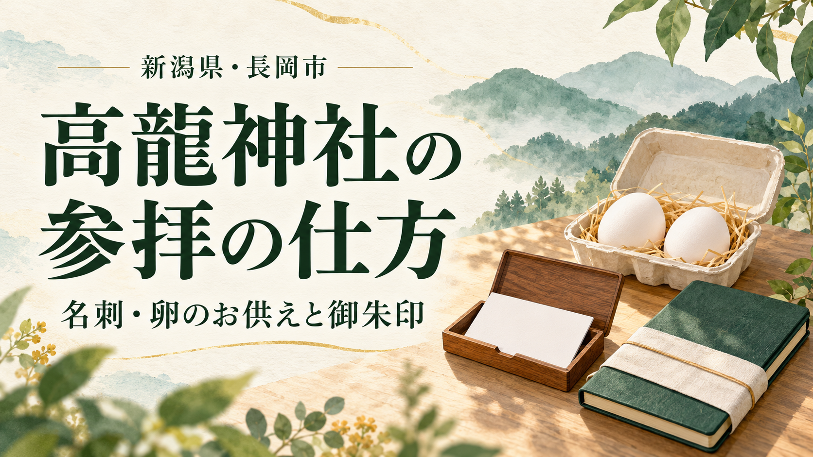 高龍神社の参拝準備を紹介する、名刺入れ・卵・無地の帳面の表紙イラスト