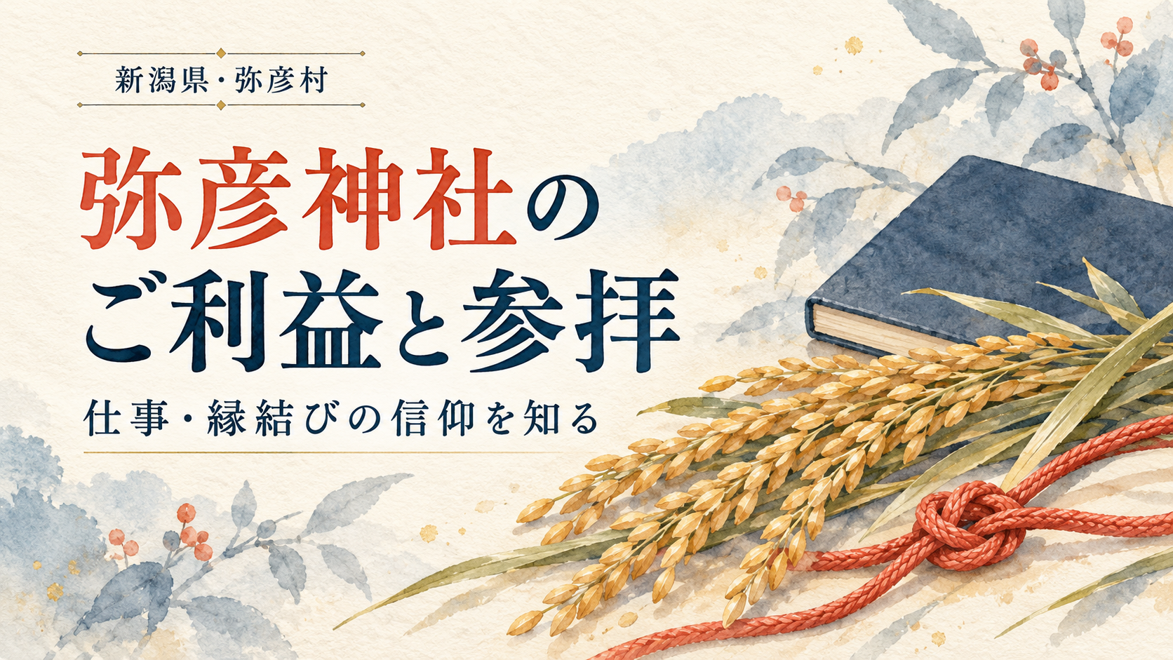 弥彦神社のご利益と参拝を紹介する、稲穂と結びひもの表紙イラスト