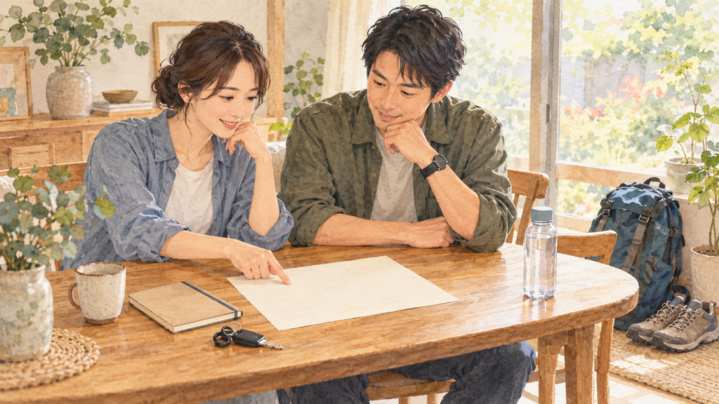 自宅のテーブルで参拝の予定を相談する架空の二人と、バッグや歩きやすい靴のイラスト