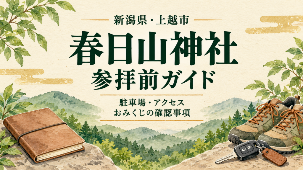春日山神社の参拝前ガイドの文字と、歩きやすい靴・ノート・車の鍵を描いたイラスト