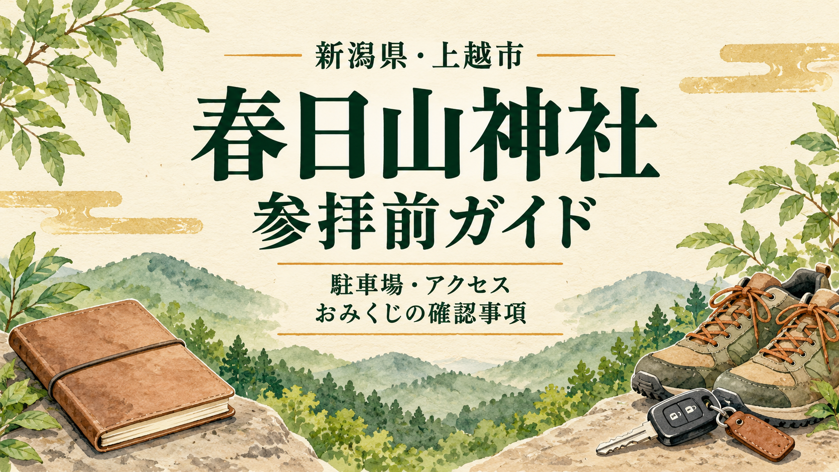 春日山神社の参拝前ガイドの文字と、歩きやすい靴・ノート・車の鍵を描いたイラスト