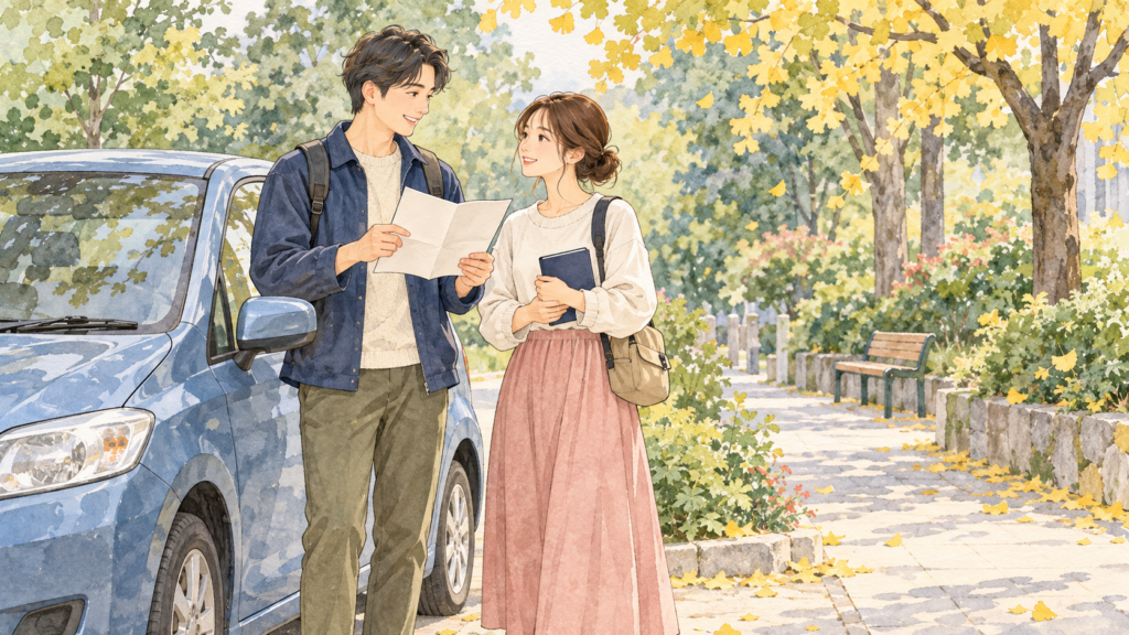 停めた車のそばで参拝の予定を相談する2人を描いたイラスト
