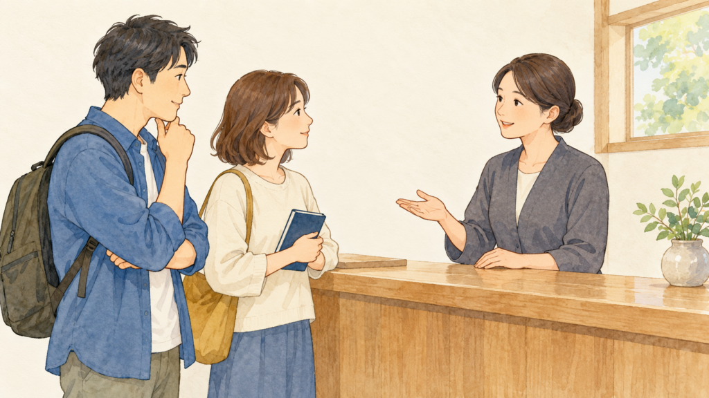 明るい案内カウンターで、参拝前に相談する人を描いたイラスト