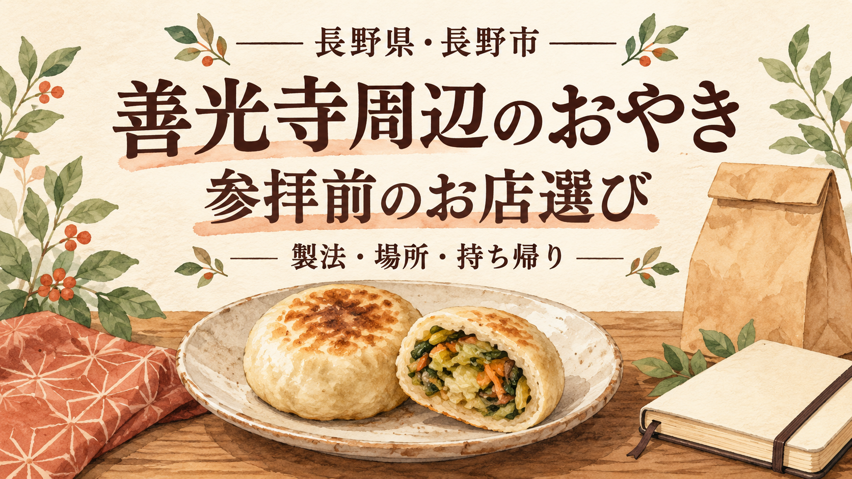 善光寺周辺のおやき店選びを案内する文字と、おやき・紙袋・ノートを描いたイラスト