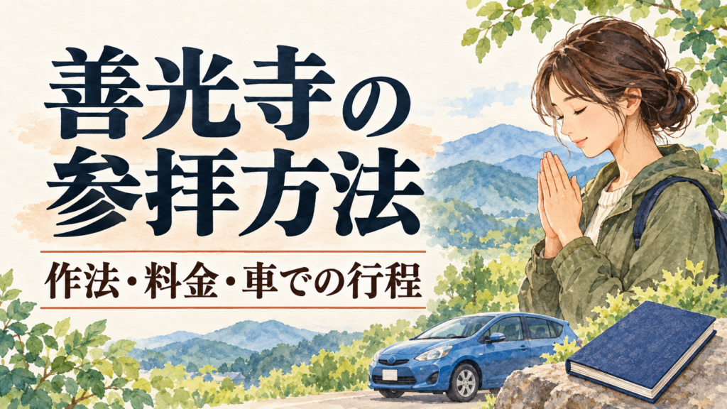 善光寺の参拝方法という見出しと、合掌する人物・車・御朱印帳を描いたイラスト