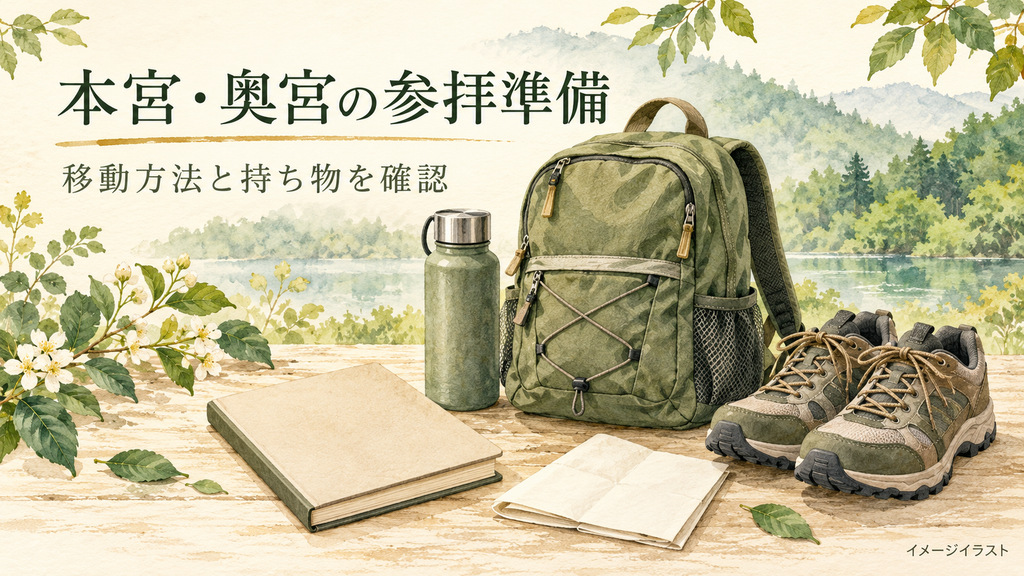 御朱印帳、リュック、水筒、歩きやすい靴を描いた参拝準備のイラスト