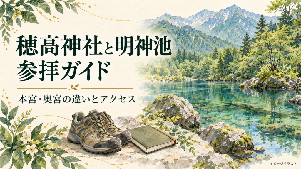 森林の池と山並み、靴と帳面を描いた穂高神社と明神池の参拝ガイド用イラスト