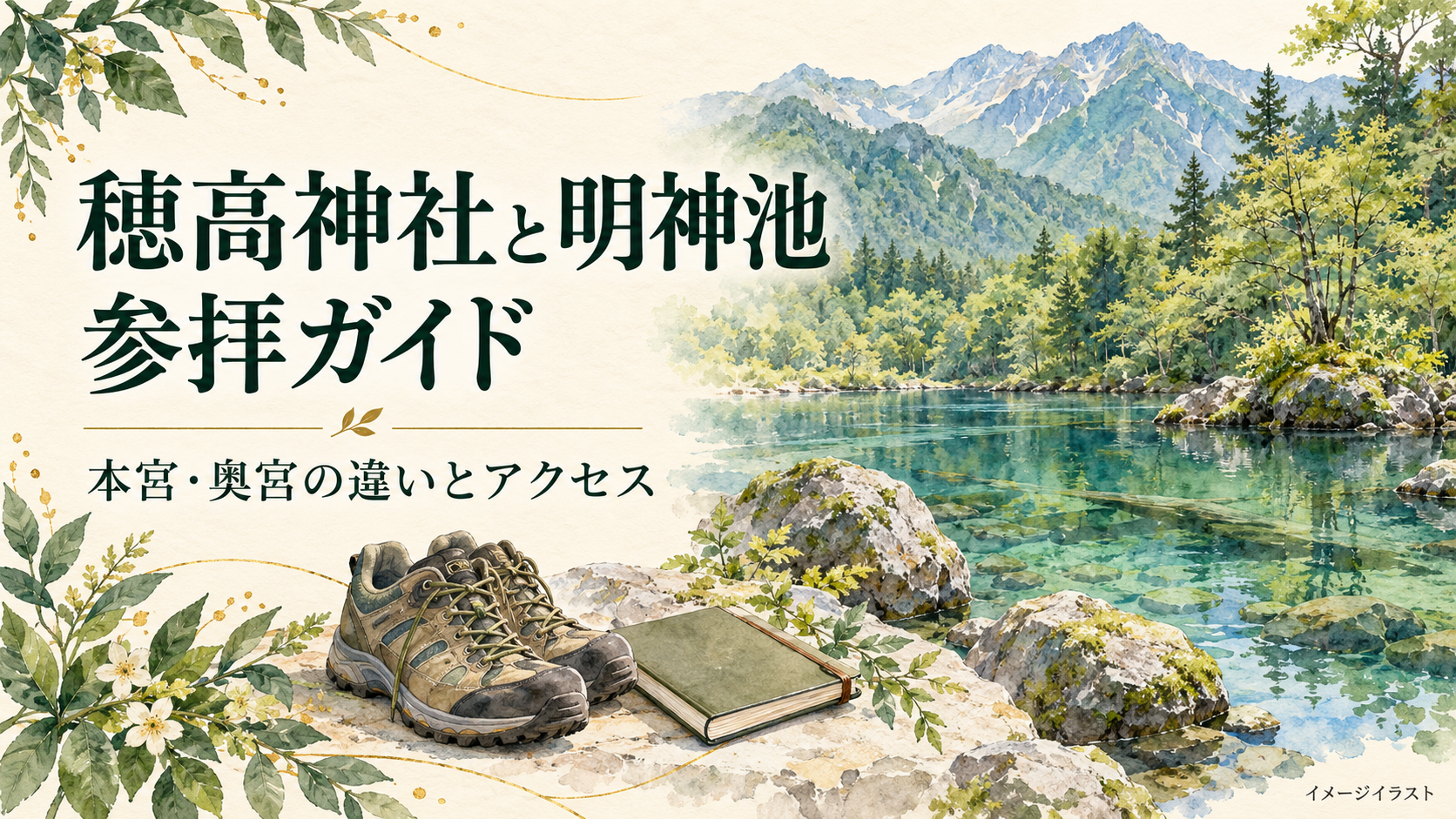 森林の池と山並み、靴と帳面を描いた穂高神社と明神池の参拝ガイド用イラスト