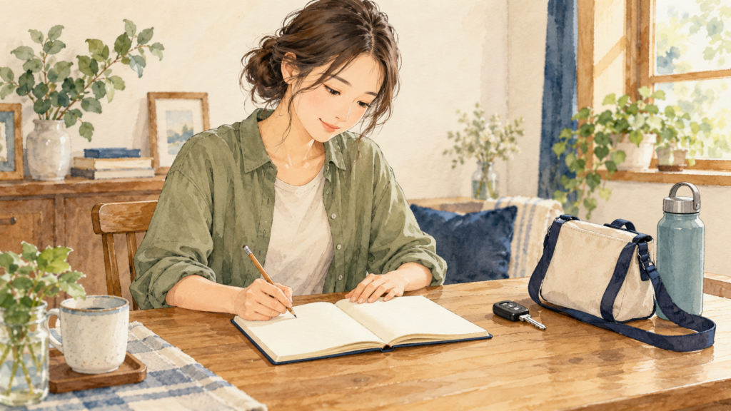 自宅でノートに願いを書き出す架空の女性と、テーブルの車の鍵やバッグのイラスト