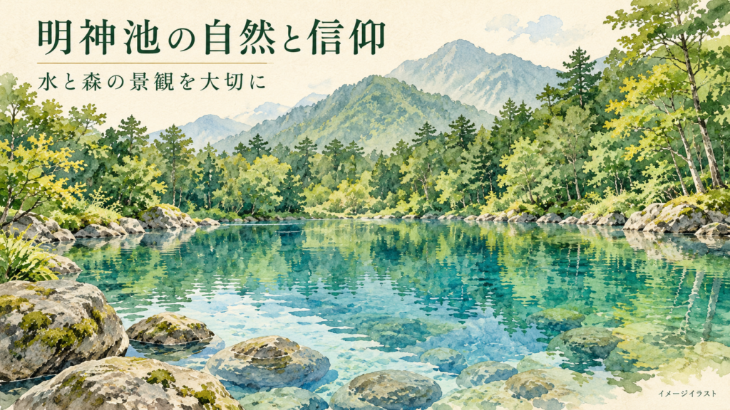 木々と岩に囲まれた澄んだ池を描いた自然のイメージイラスト