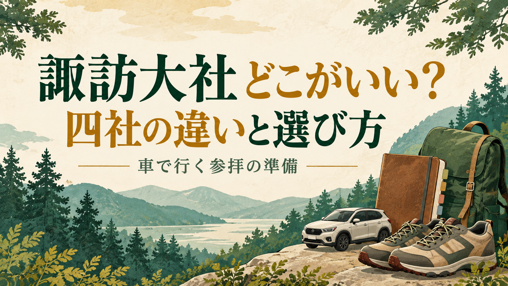 諏訪大社の四社の選び方を示す見出しと、車・靴・旅行用品を描いたイラスト