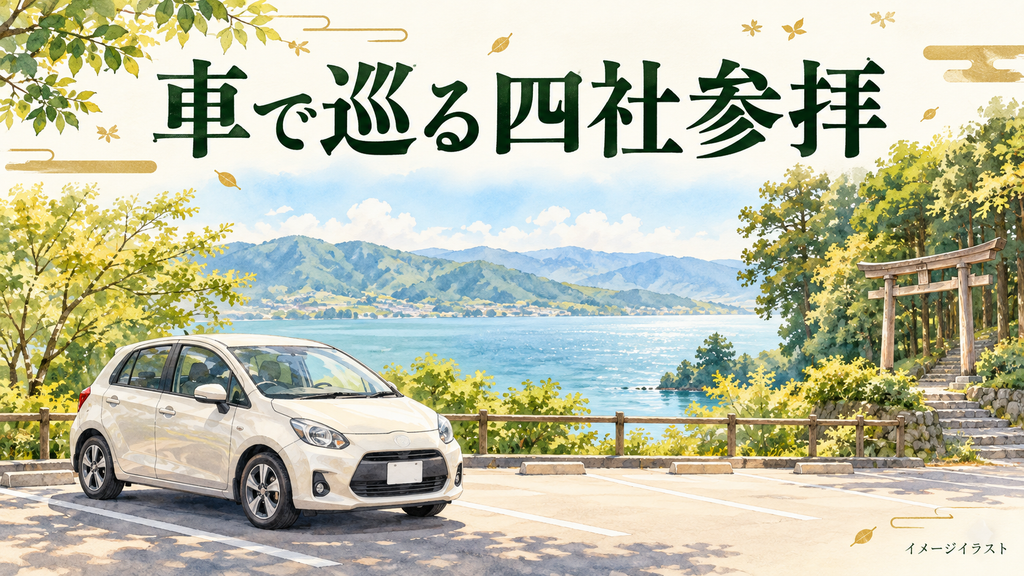湖と鳥居を背景に、駐車した白い車を描いたイラスト