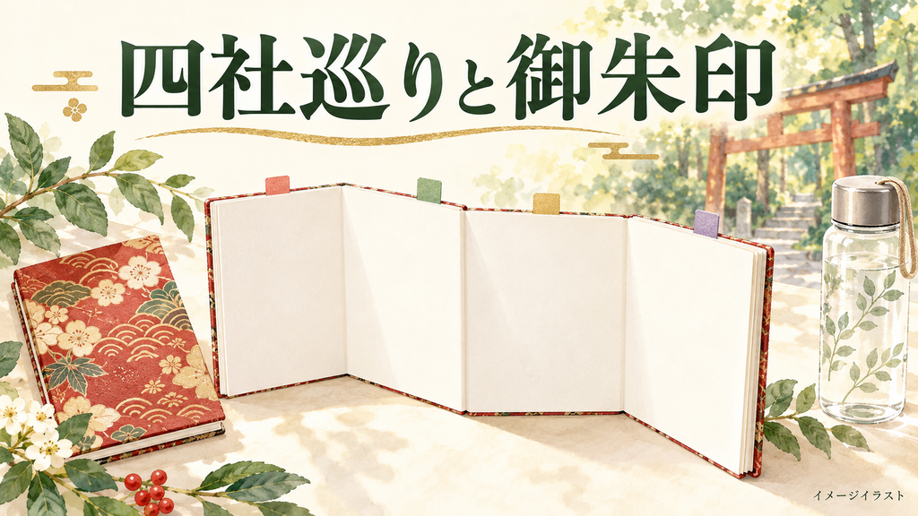 四色の付箋を付けた御朱印帳と水筒を描いたイラスト