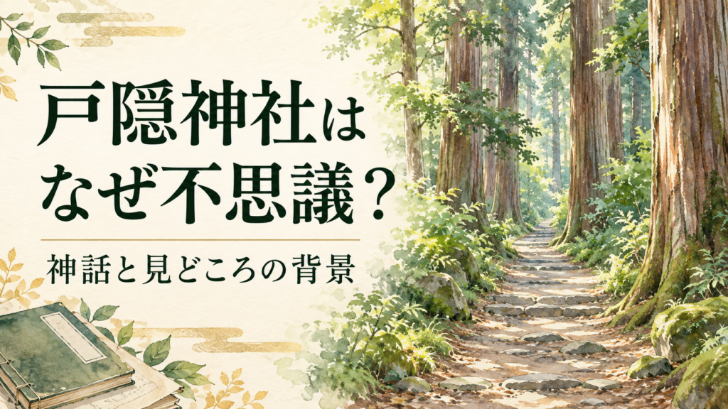杉の森と本を描き、戸隠神社はなぜ不思議？と記したイラスト