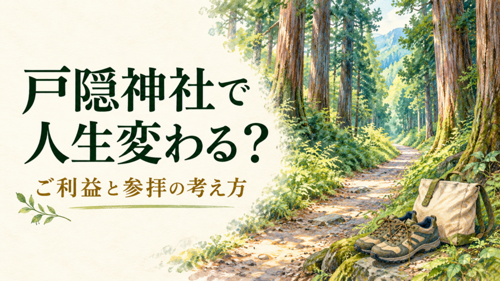 森の道とバッグ、靴を描き、戸隠神社で人生変わる？と記したイラスト