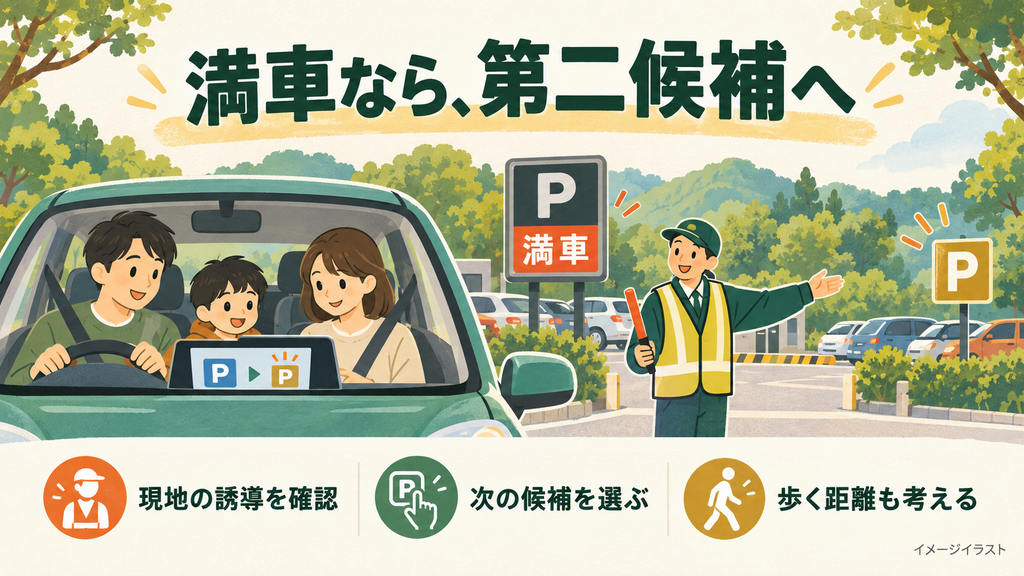 満車の駐車場で誘導を確認する家族と、次の候補・歩く距離を考えるポイントを描いたイラスト