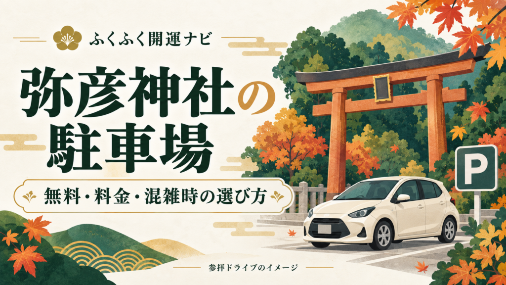 弥彦神社の駐車場ガイドの見出しと、車・鳥居・紅葉を描いたイラスト