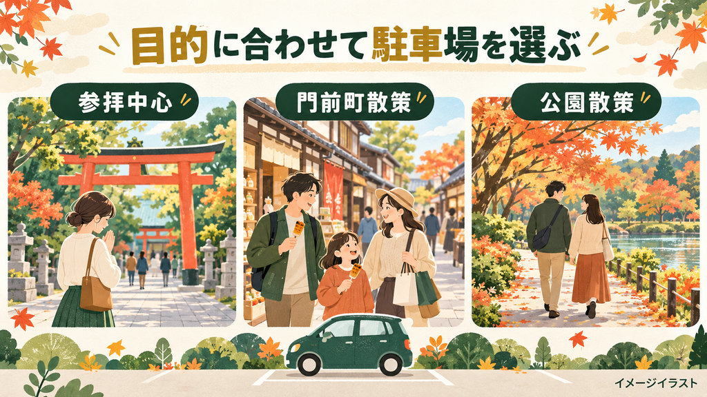 参拝中心・門前町散策・公園散策の3つの目的を描いた駐車場選びのイラスト