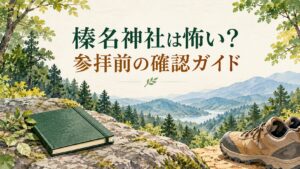 榛名神社は怖い？参拝前の確認ガイドと記した森と参拝準備の説明用AIイラスト