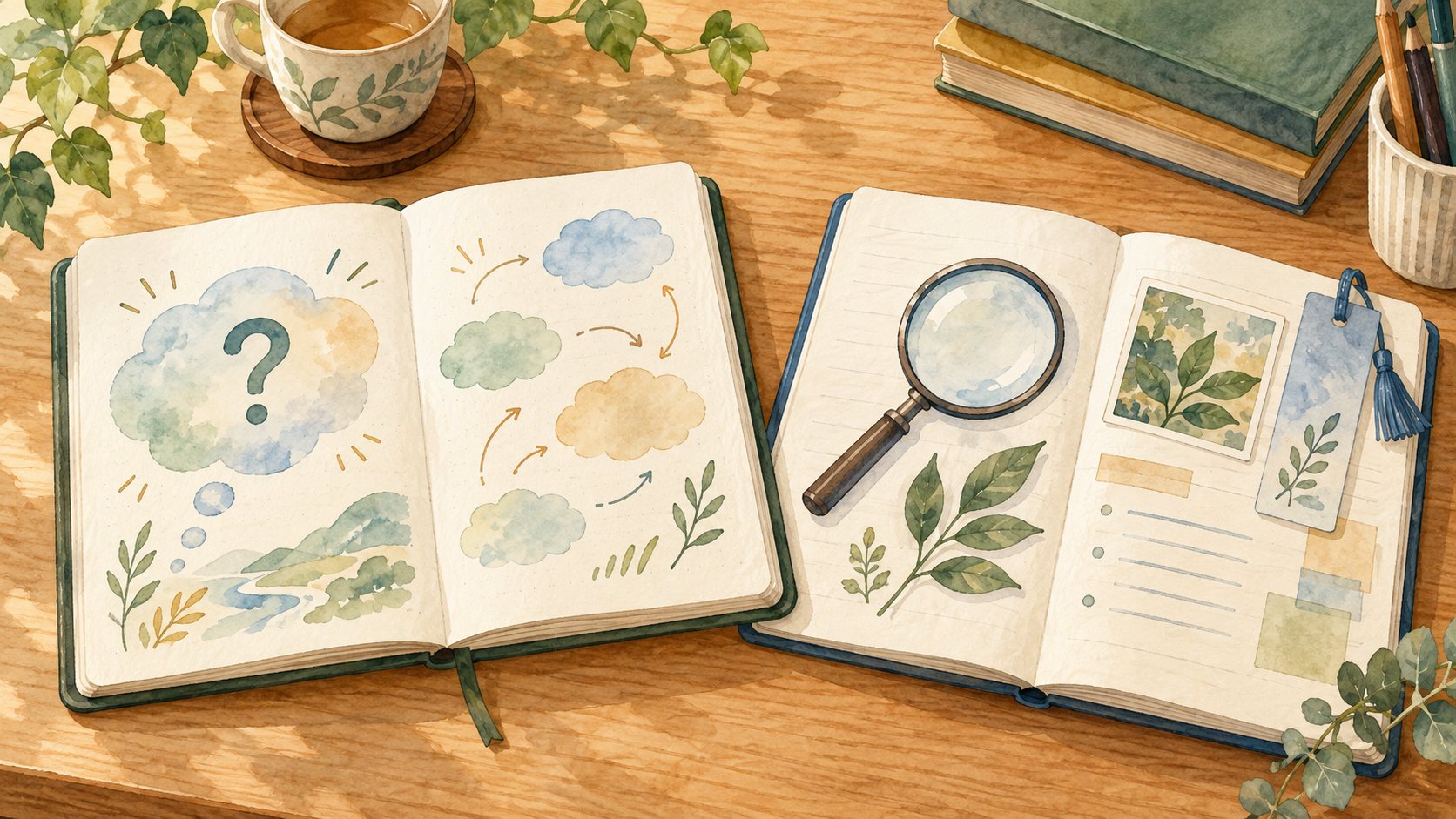 疑問を記すノートと資料を確かめる虫眼鏡を描いた説明用AIイラスト