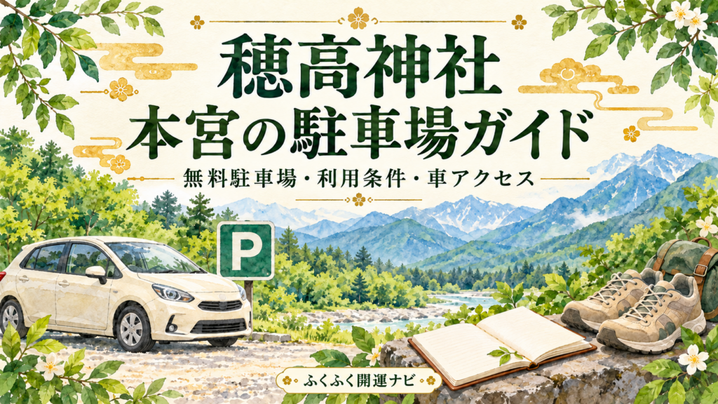 車とPマーク、ノートと靴を描いた穂高神社本宮の駐車場ガイドのイラスト