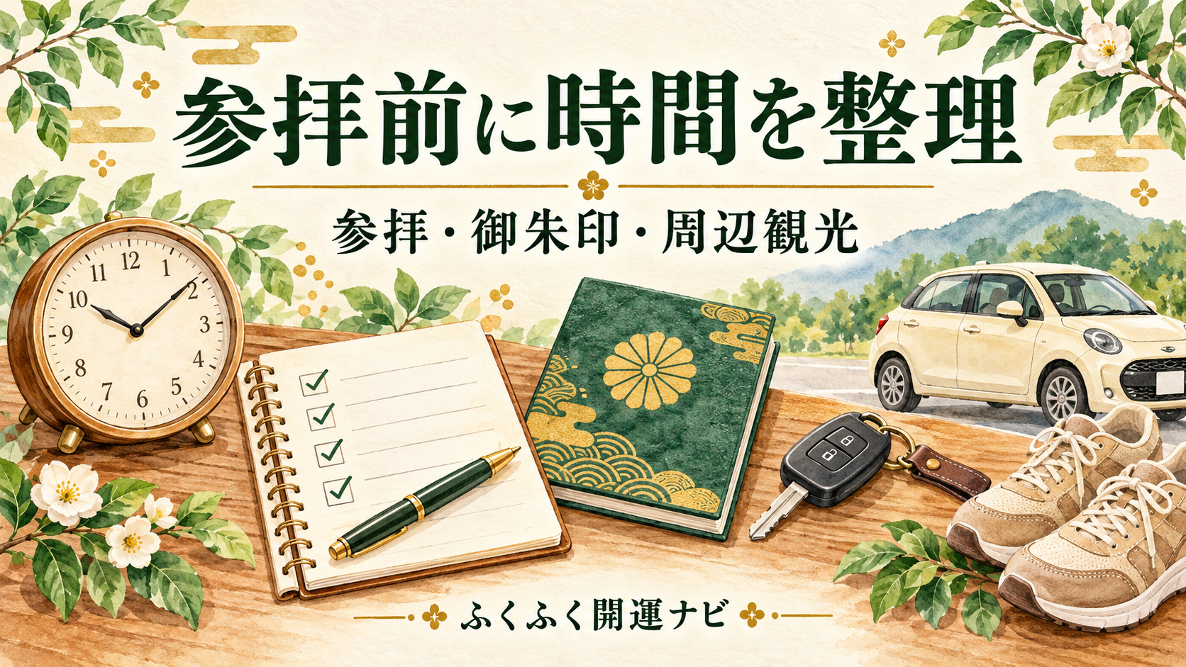 時計、ノート、御朱印帳、車と靴を並べ、参拝や周辺観光の時間計画を促すイラスト