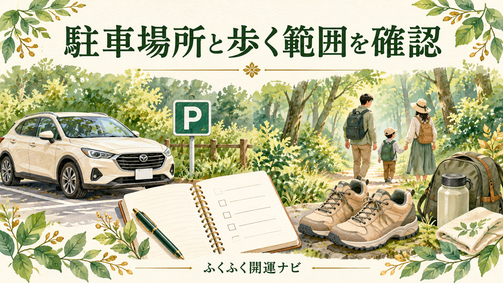 車とPマーク、ノートや靴、架空の緑の道を歩く家族を描いた参拝準備のイラスト