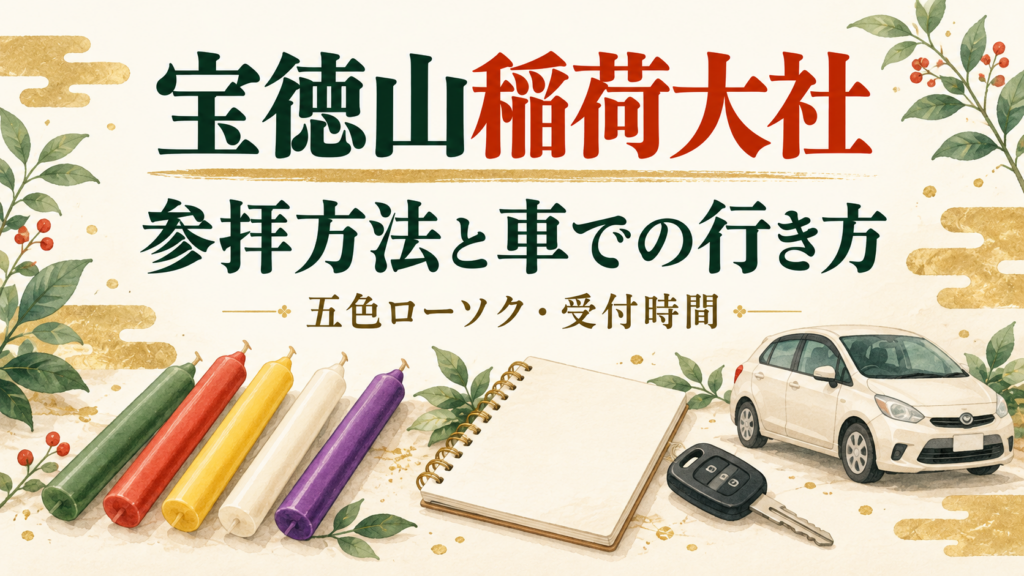 宝徳山稲荷大社の参拝ガイドの文字と、五色のローソク・車・ノートを描いたイラスト