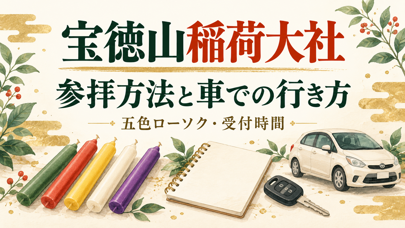 宝徳山稲荷大社の参拝ガイドの文字と、五色のローソク・車・ノートを描いたイラスト