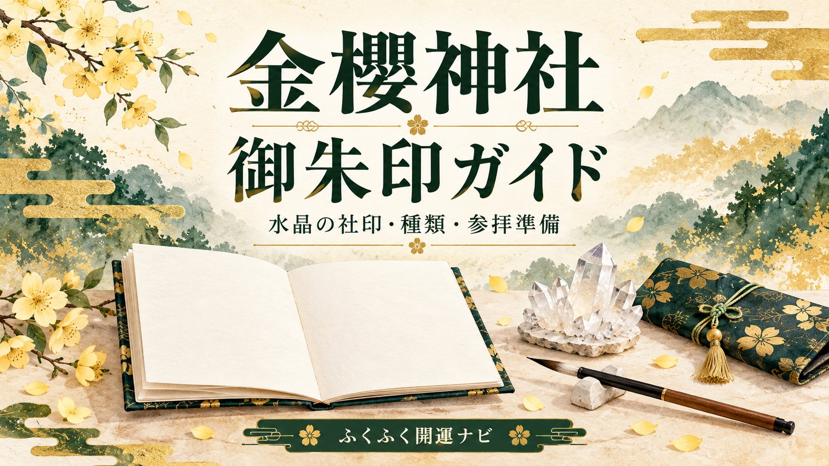 金櫻神社の御朱印ガイドという見出しと、無地の御朱印帳・水晶・筆を描いたイラスト