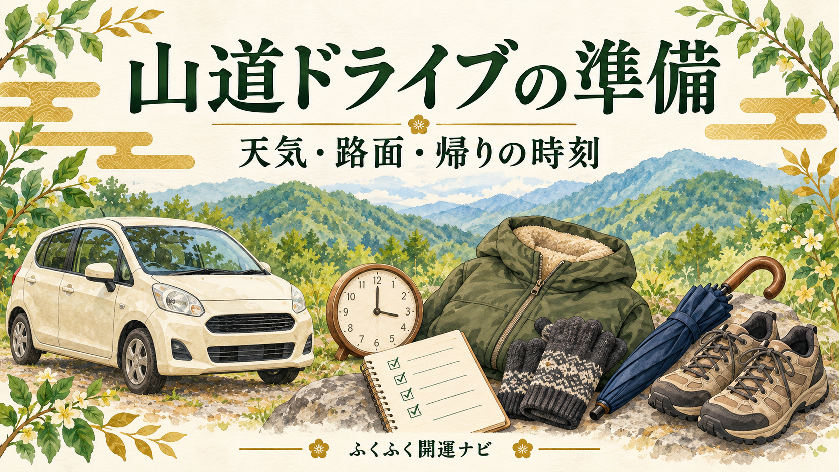 車、時計、防寒着、手袋と靴を並べ、山道ドライブの準備を促すイラスト