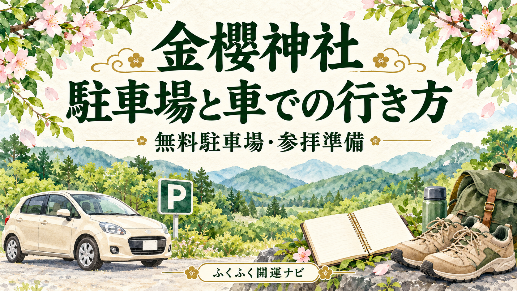 車と駐車場のPマーク、ノートと歩きやすい靴を描いた金櫻神社の駐車場選びの案内イラスト