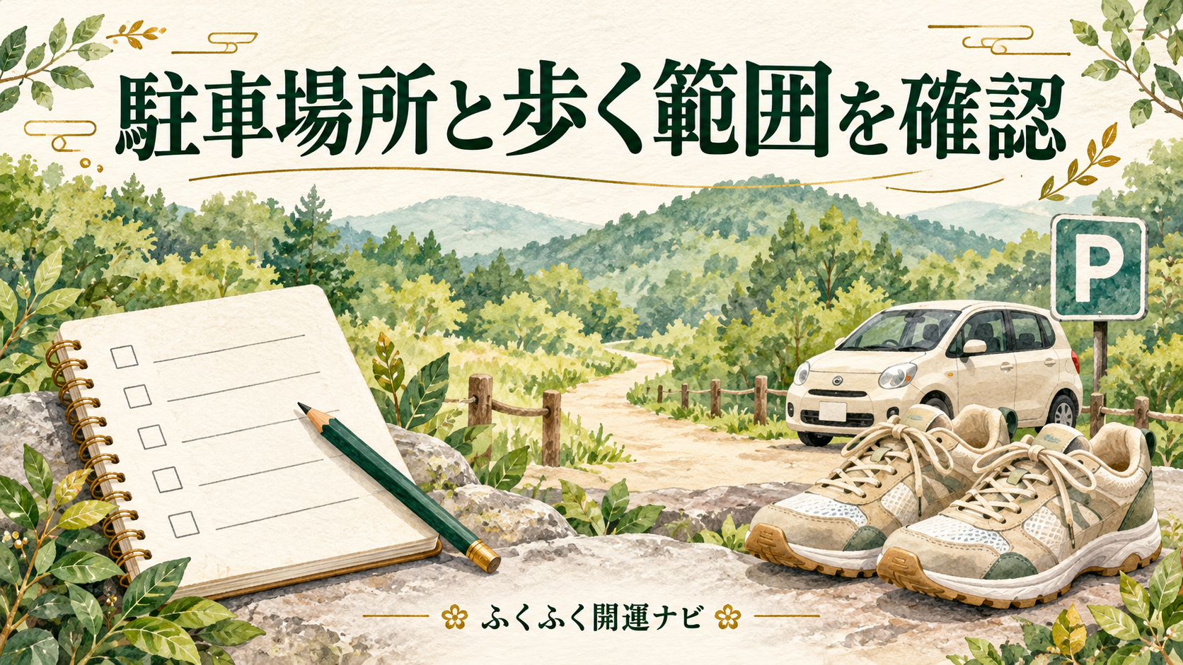 ノート、歩きやすい靴、車とPマークを並べ、駐車場所と歩く範囲の確認を促すイラスト