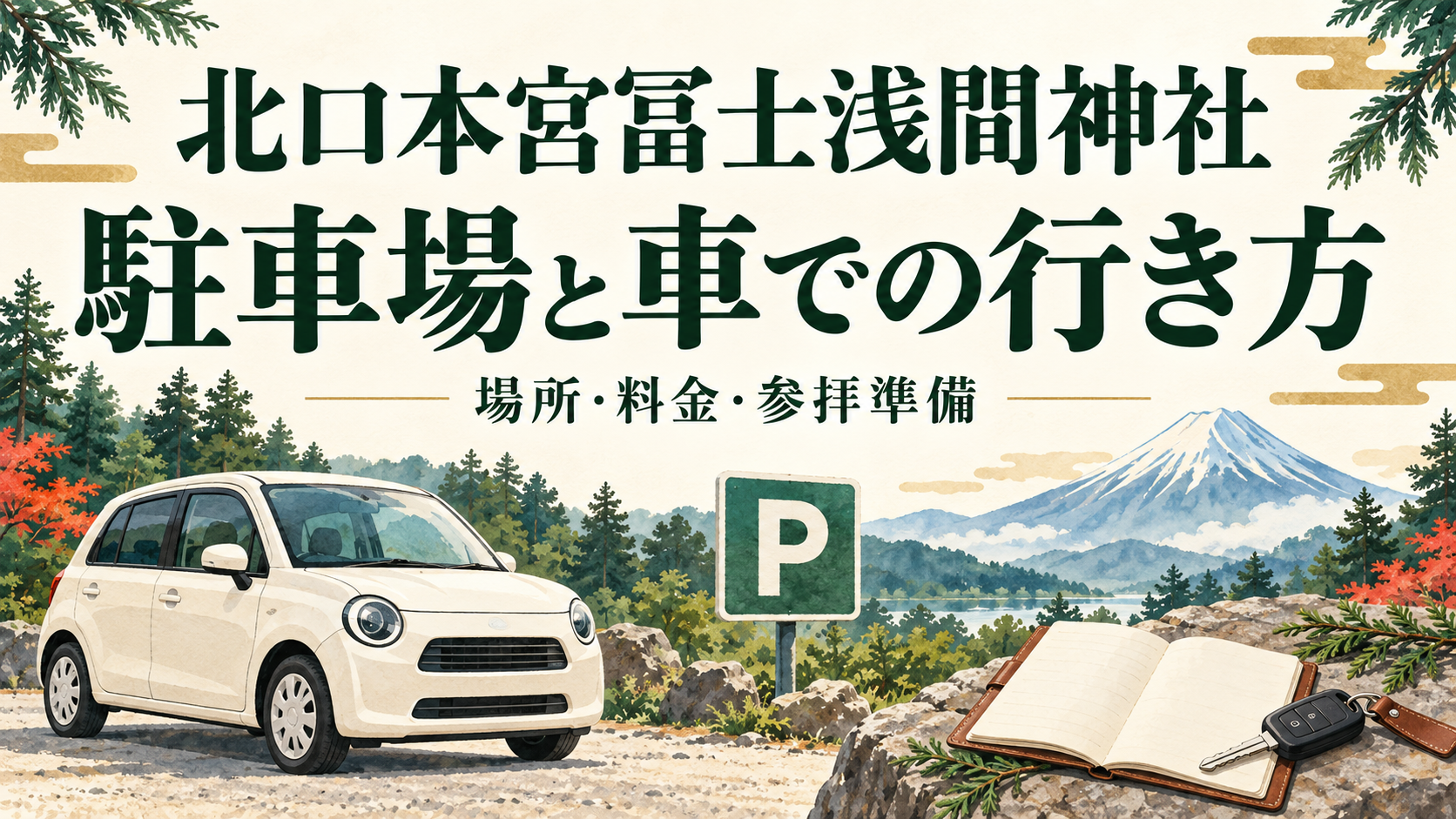 北口本宮冨士浅間神社の駐車場ガイドの文字と、車・駐車場のマーク・ノート・富士山を描いたイラスト