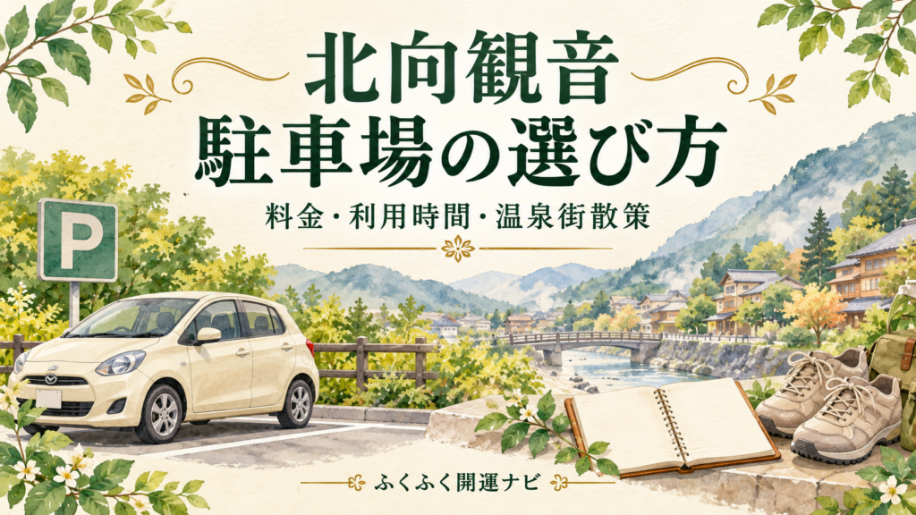 車と駐車場のPマーク、ノートと歩きやすい靴を描いた北向観音の駐車場選びの案内イラスト