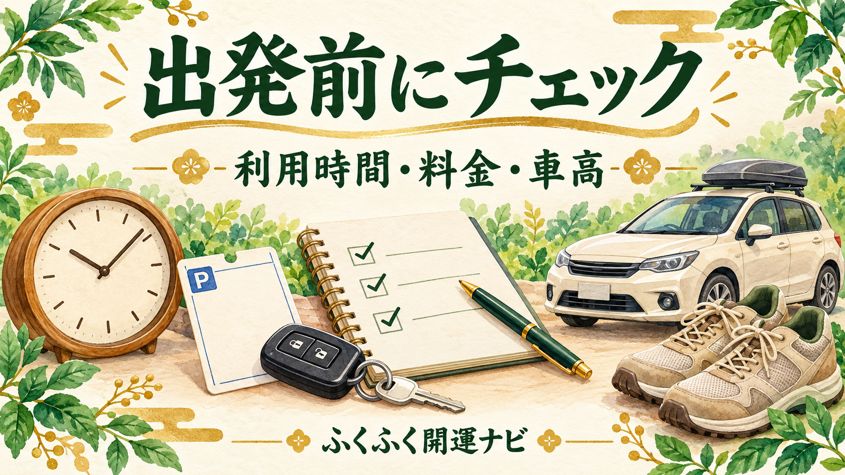 時計、駐車券、ルーフボックス付きの車を並べ、利用時間・料金・車高の確認を促すイラスト