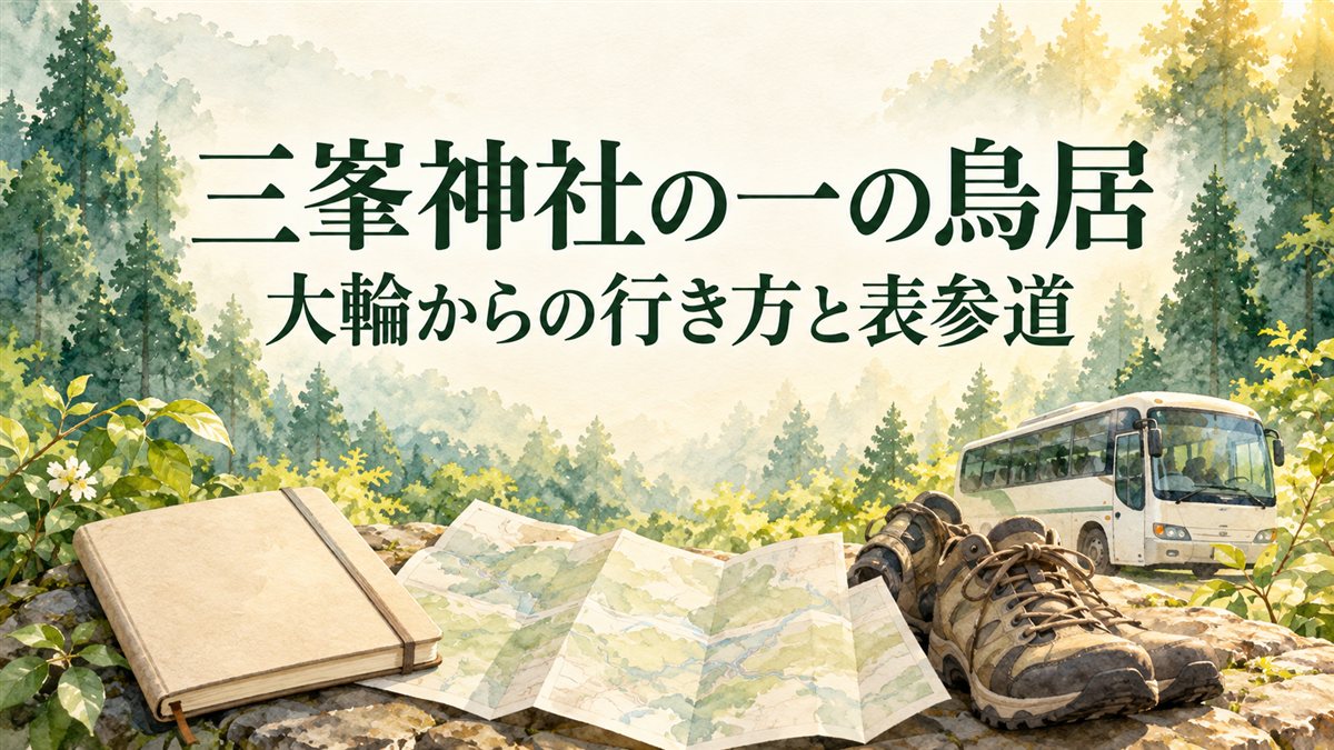 三峯神社の一の鳥居・大輪からの行き方と表参道の案内という文字入りの旅行準備イラスト
