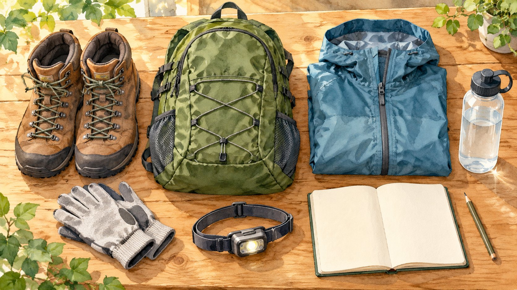 登山靴、リュック、雨具、飲料、手袋、ライトとノートを並べた登拝準備のイラスト