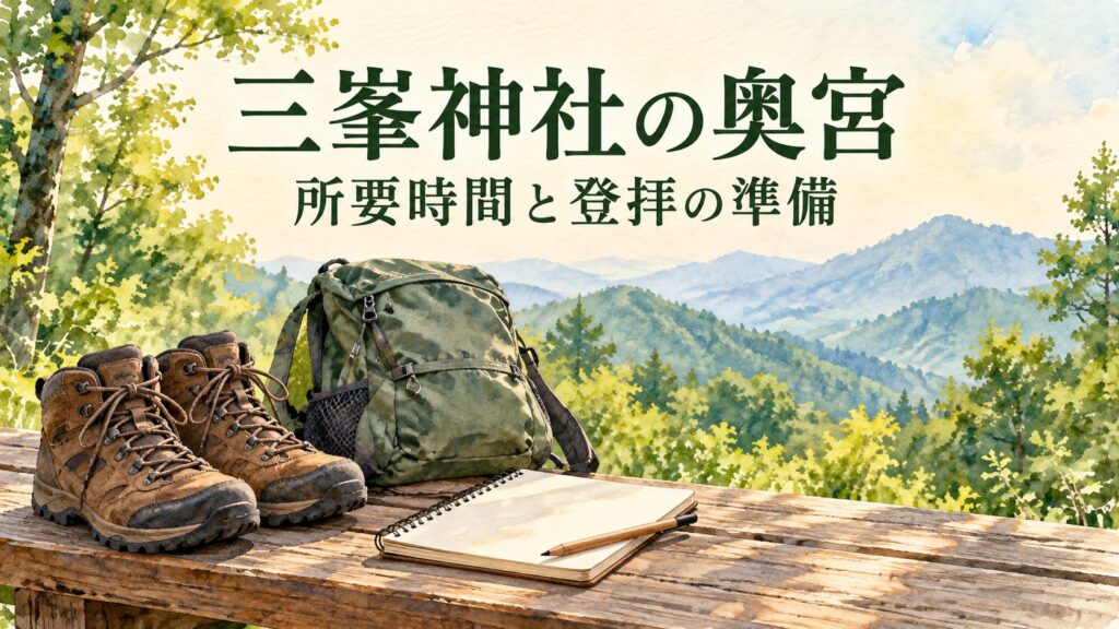 三峯神社の奥宮の所要時間と登拝の準備を案内するAIイラスト