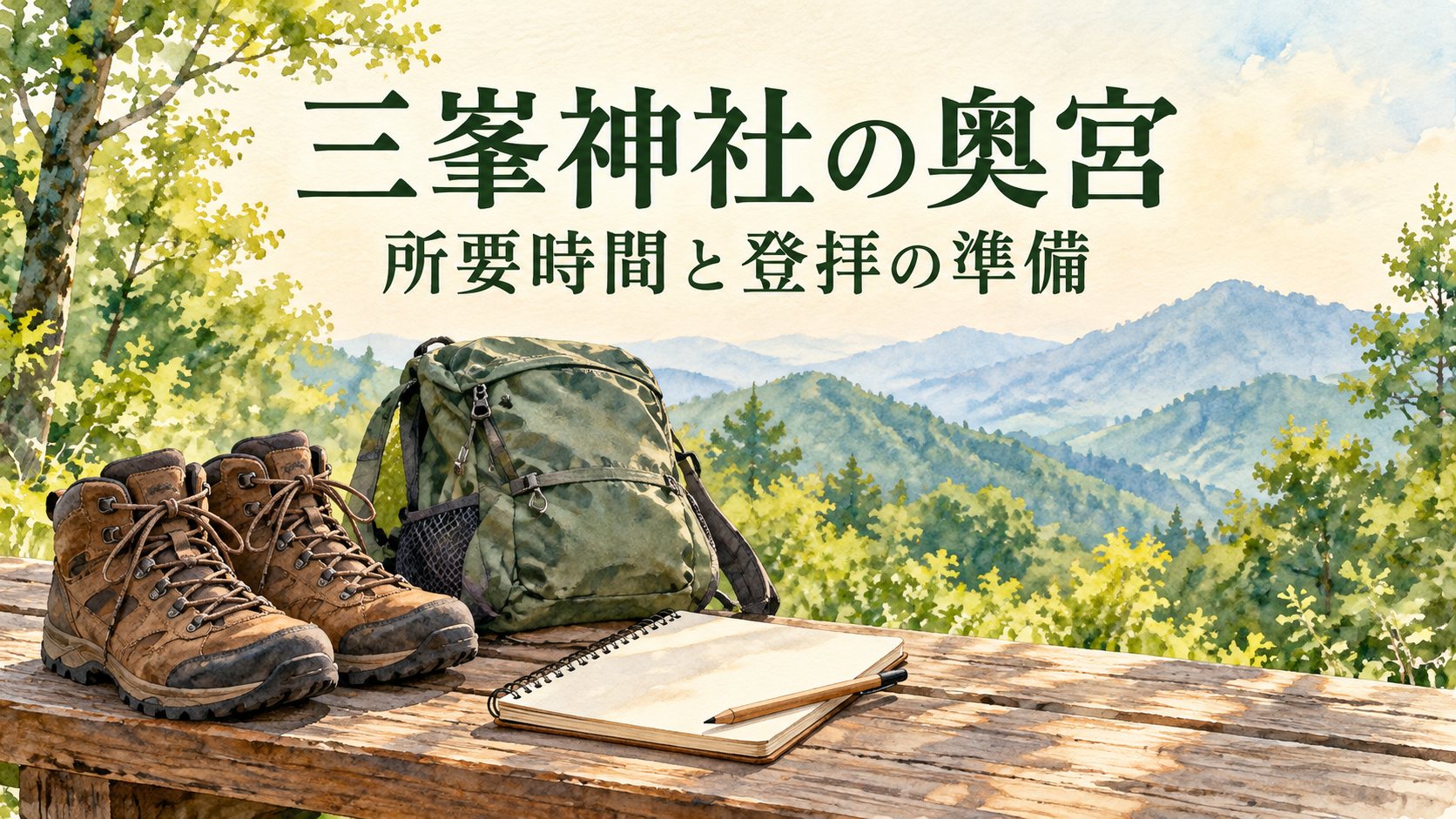 三峯神社の奥宮の所要時間と登拝の準備を案内するAIイラスト