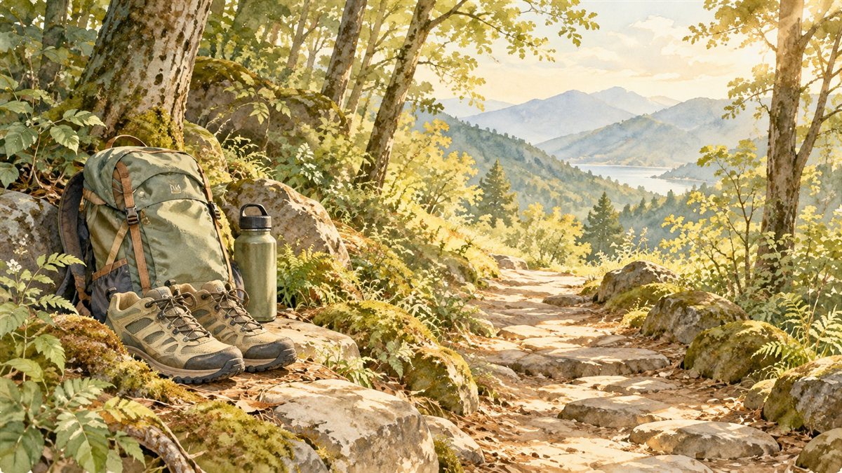 登山靴とザック、水筒を描いた表参道の装備準備イメージ