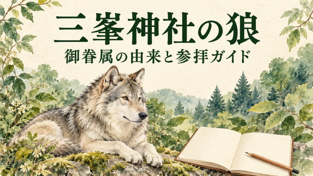 三峯神社の狼信仰と御眷属の由来を案内する、森と一般化した狼のAIイラスト