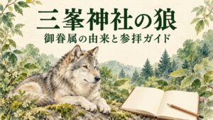 三峯神社の狼信仰と御眷属の由来を案内する、森と一般化した狼のAIイラスト