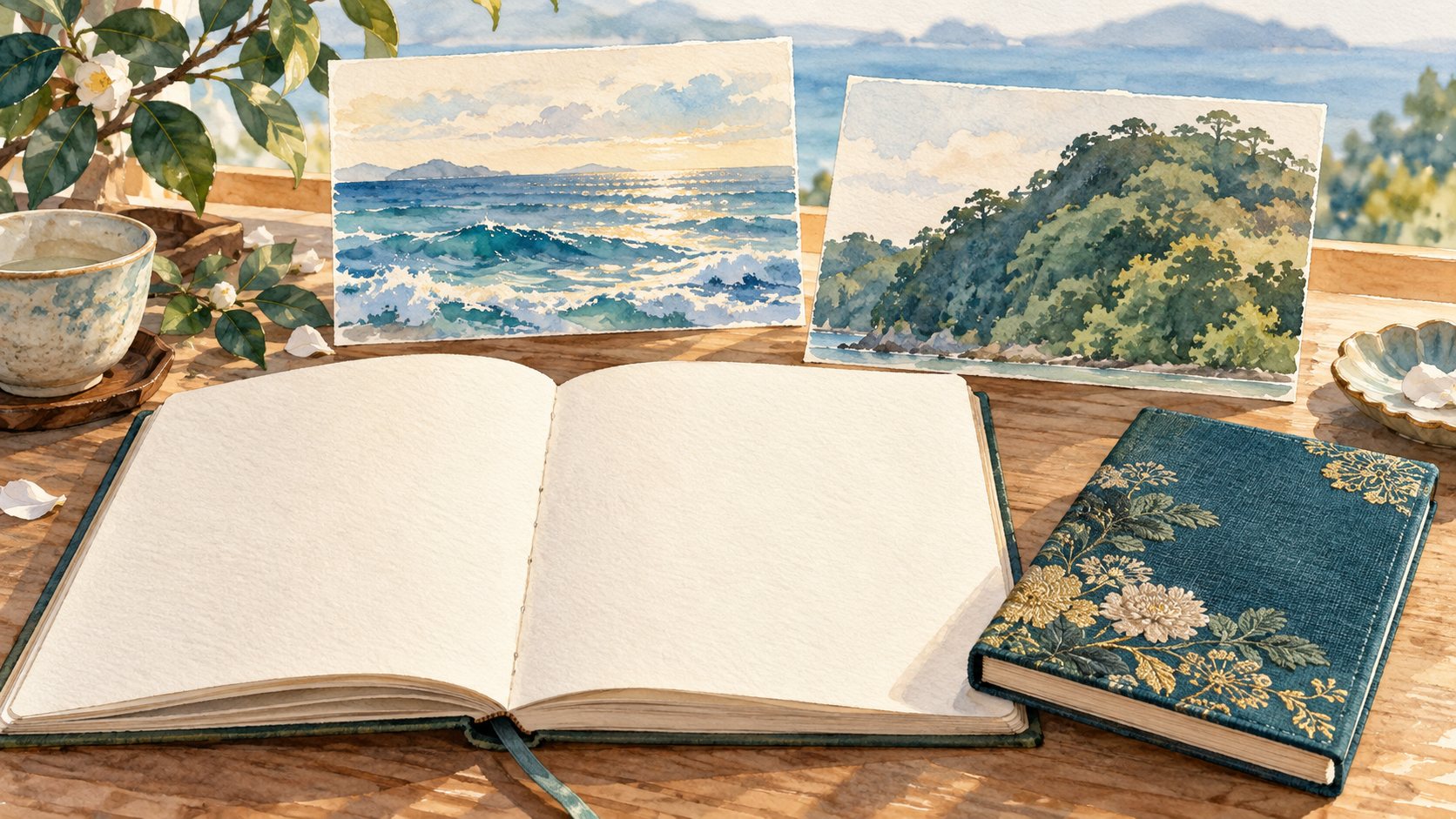 海と緑の丘を描いた別々の絵と、開いたノートを並べた説明用イラスト