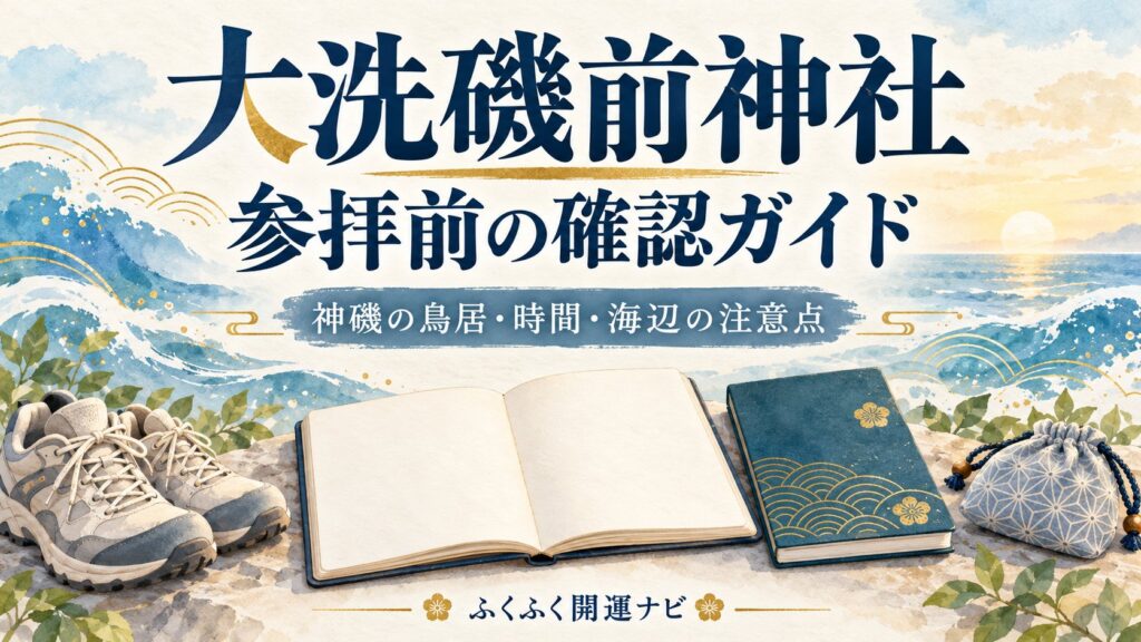 大洗磯前神社の参拝前確認ガイドという見出しと、海色の背景・ノート・歩きやすい靴を描いたイラスト