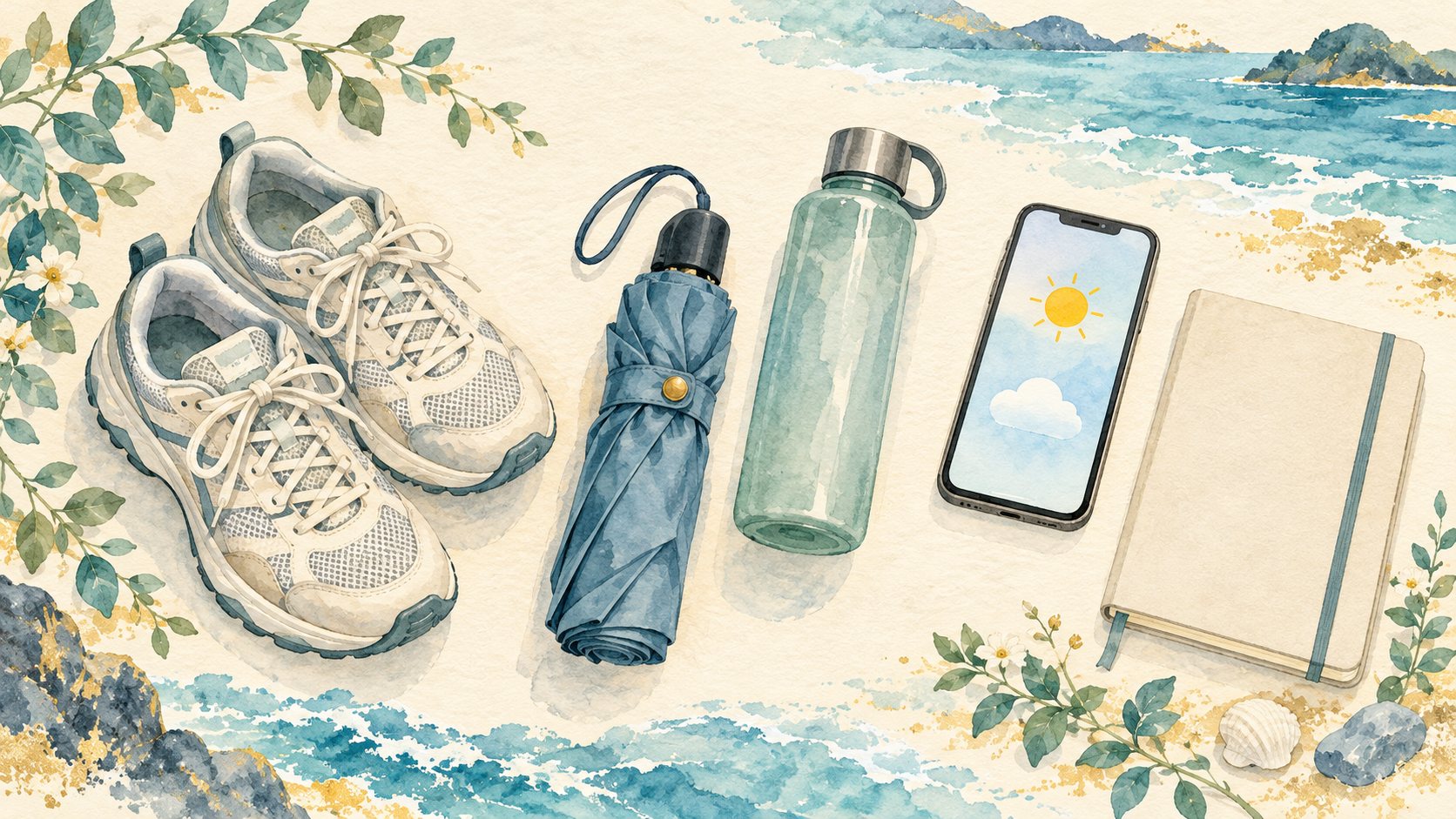 歩きやすい靴、折りたたみ傘、水筒、天気記号を表示したスマートフォンを並べたイラスト