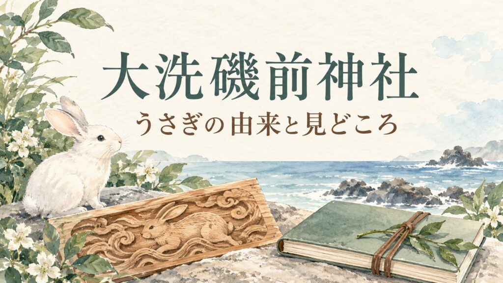 大洗磯前神社・うさぎの由来と見どころという見出しと、白いうさぎや木彫り風の模様、ノートを描いたイラスト