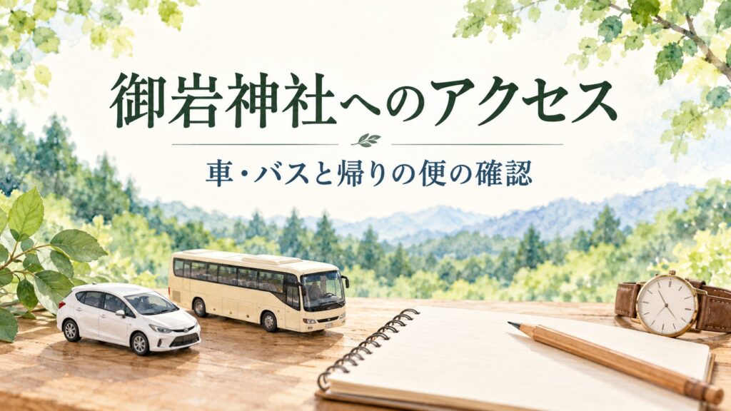御岩神社へのアクセスと車・バス、帰りの便の確認を案内するAIイラスト