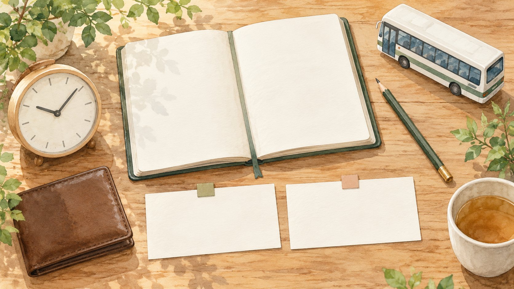 往復の予定を整理するノート、時計、財布とバスの模型を描いた準備用イラスト