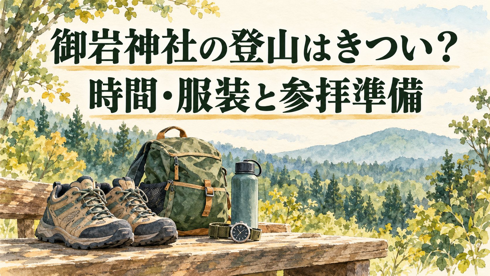 御岩神社の登山はきつい？時間・服装と参拝準備を案内するAIイラスト